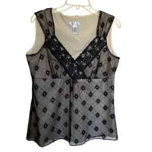 Vintage Y2K Nine & Co Lace Camisole Baby Doll Embroidery Black Tan 12 Whimsigoth